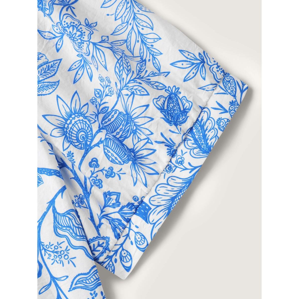 Plus Size Skyblue Silhouette Flower Print Neck Tie Blouse Women Short sleeve Notched collar Vacation Blouses BloomChic 10/M Product Image