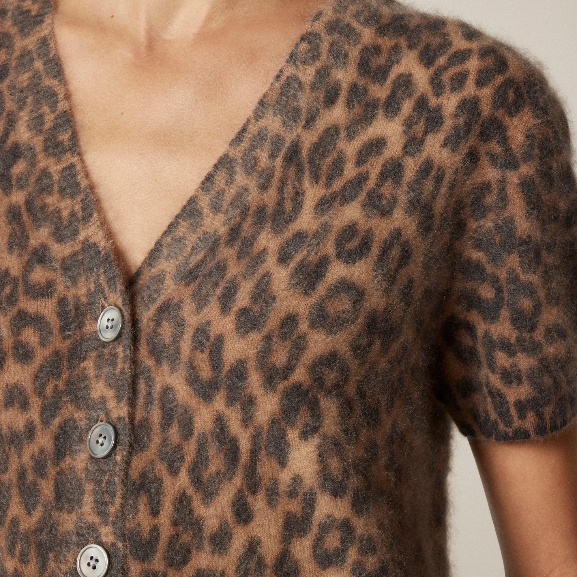 Brushed cashmere short-sleeve cardigan in leopard print Product Image