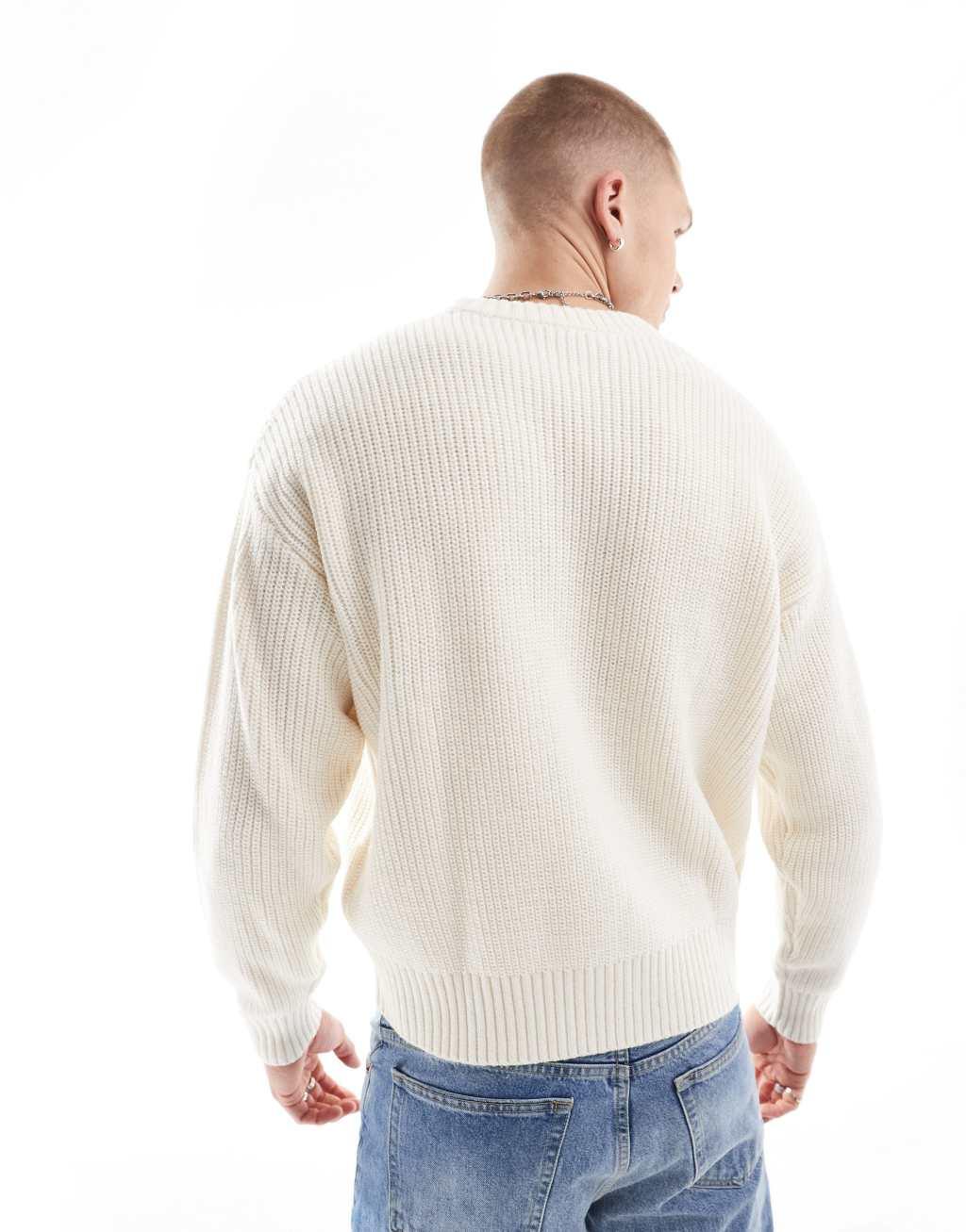 Bershka fisherman ribbed sweater in ecru Product Image