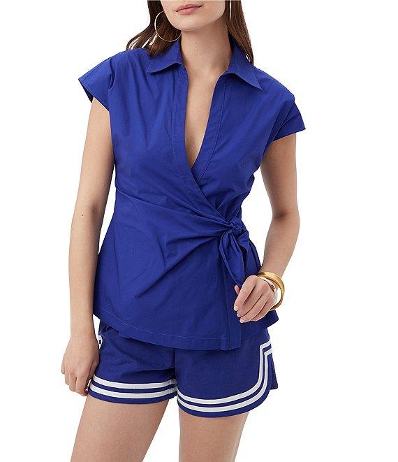 Trina Turk Avant Stretch Poplin Pont Collar Cap Sleeve Wrap Top Product Image