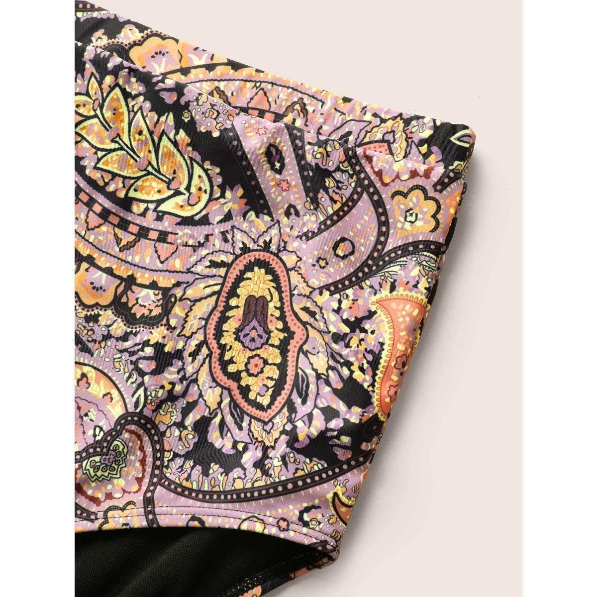 Plus Size Paisley Print Wrap Contrast Trim Swim Dress Women's Swimwear Black Beach Bodycon V-neck High stretch Curve Swim Dresses BloomChic 22-24/3X Product Image