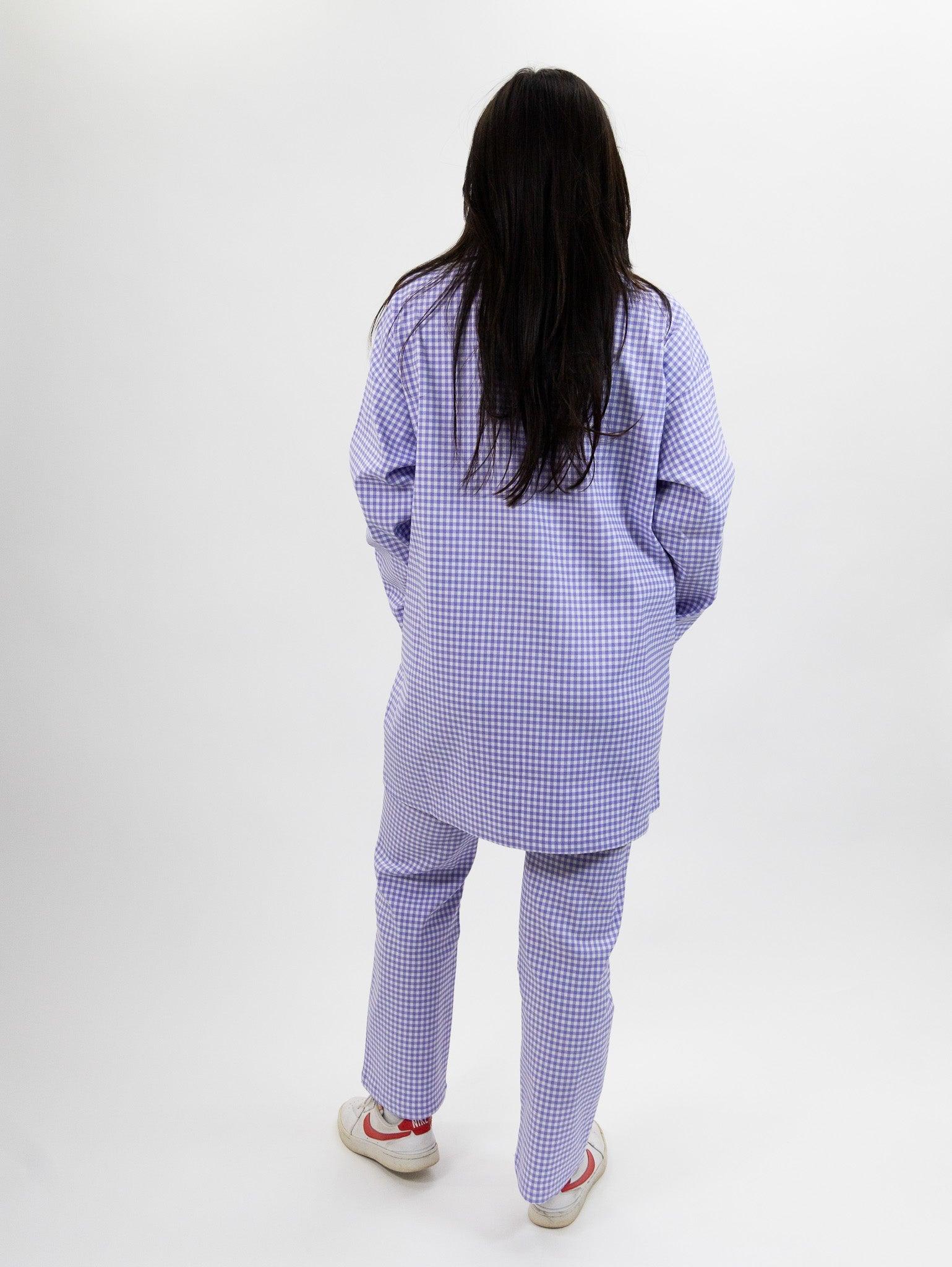 Compania Fantastica Straight lilac gingham check pants & Lilac gingham neoprene trench coat Product Image