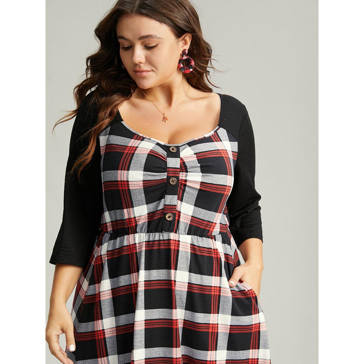 Plus Size Christmas Plaid Patchwork Pleated Square Neck Dress Red Women Office Printed Square Neck Elbow-length sleeve Curvy Midi Dress BloomChic 14-16/1X Product Image