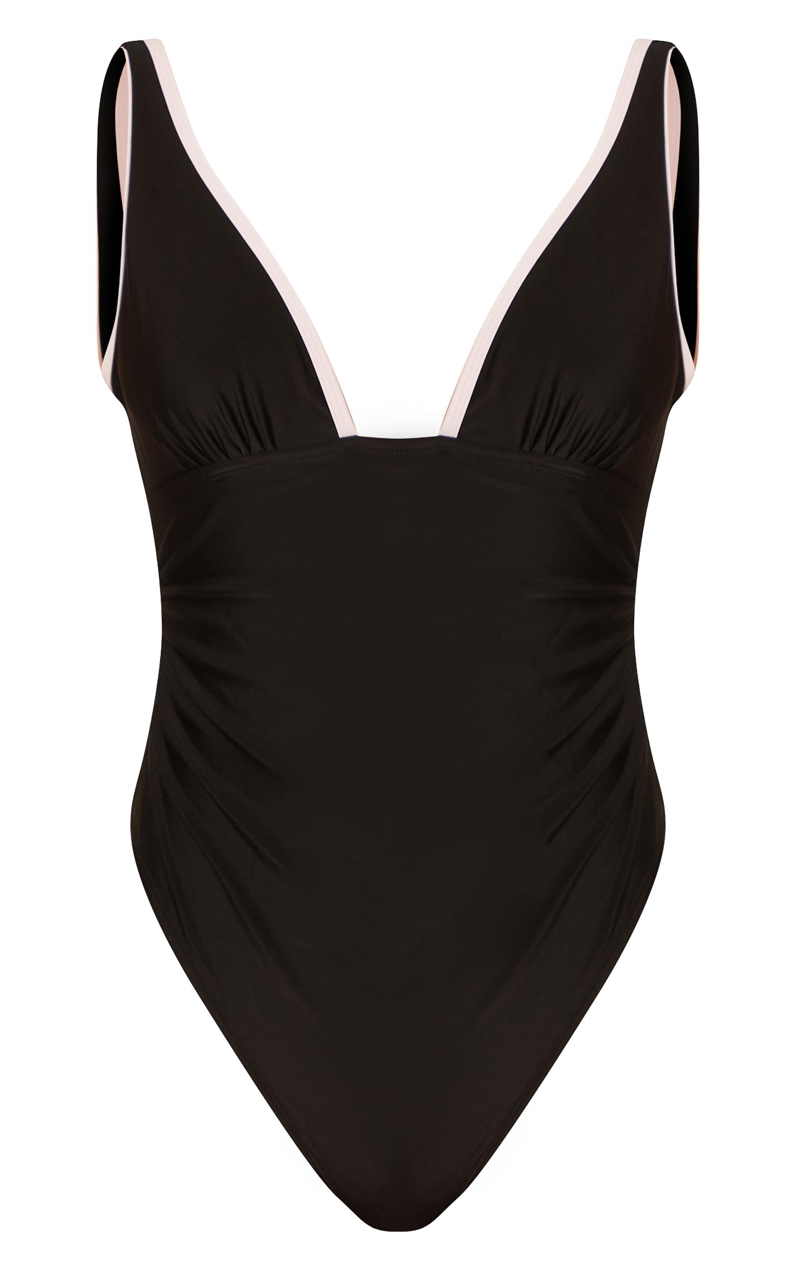Black Contrast Binding Plunge Ruched Swimsuit Product Image