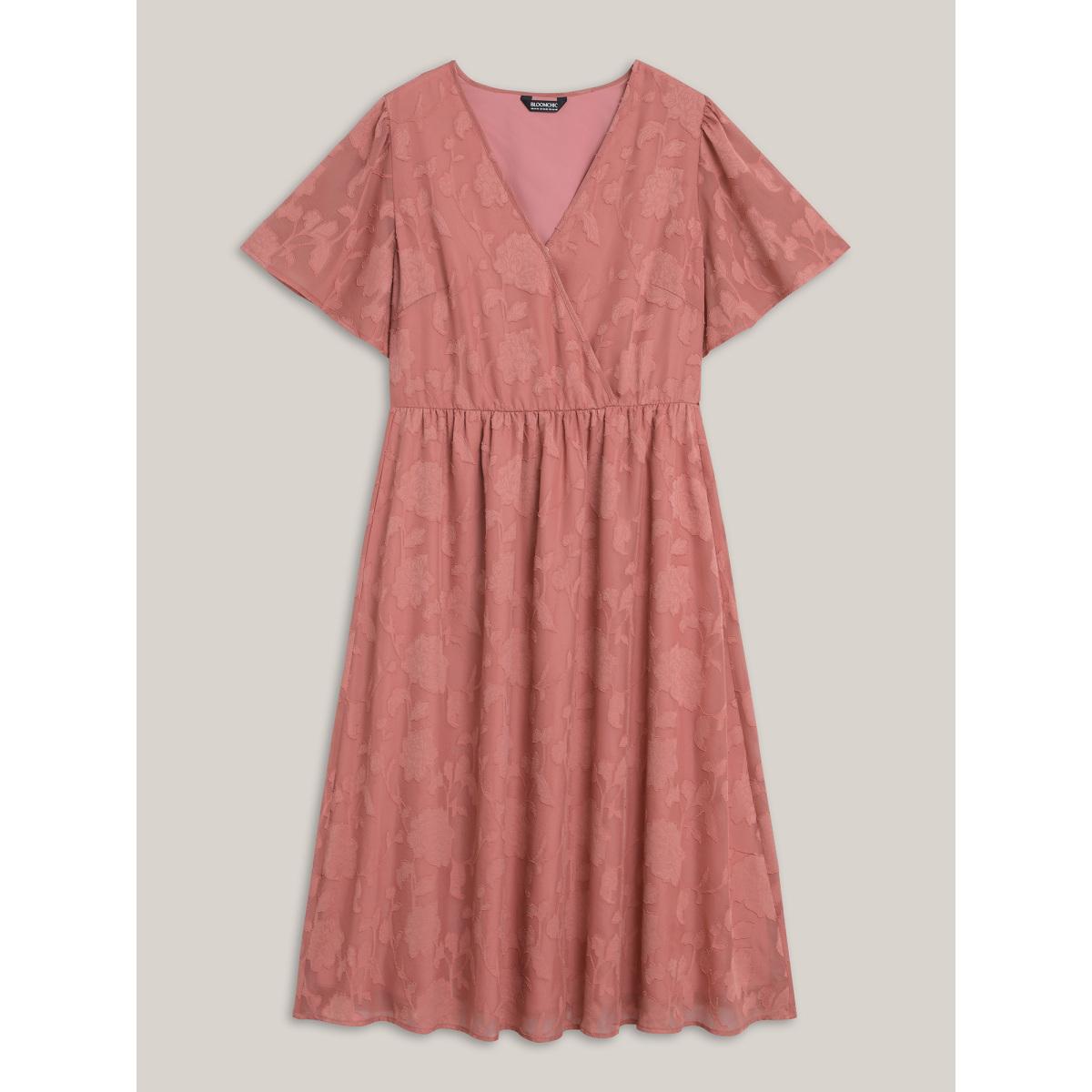 Plus Size Textured Surplice Neck Flared Sleeve Midi Dress Rouge Women Elegant Texture Overlap Collar Short sleeve Curvy BloomChic 22-24/3X Product Image