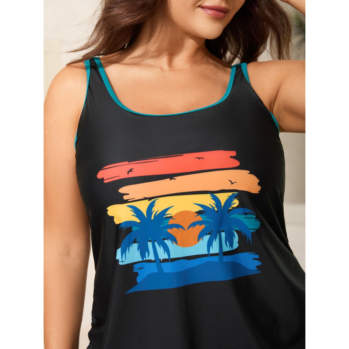 Plus Size Tropical Vibrance Side Drawstring Swim Top Women's Swimwear Black Beach Contrast High stretch Bodycon U-neck Curve Swim Tops BloomChic 14-16/1X Product Image