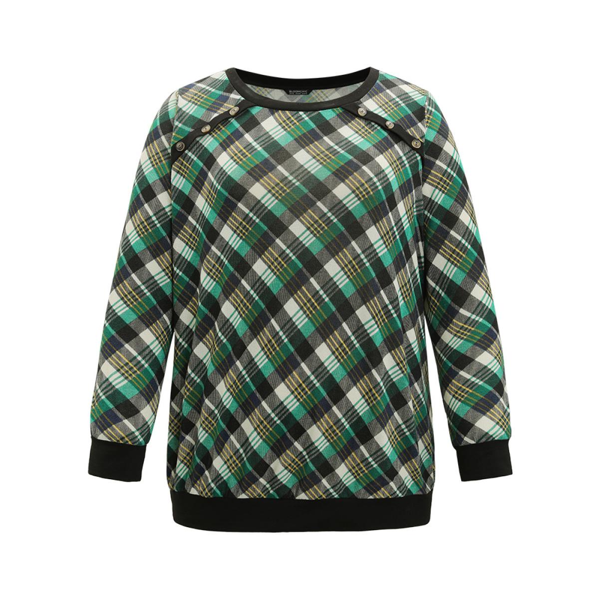 Plus Size Plaid Button Detail Elastic Cuffs Crew Neck Sweatshirt Women Green Casual Elastic cuffs Round Neck Dailywear Sweatshirts BloomChic 26/4X Product Image