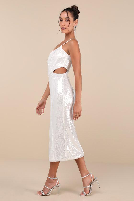 Absolutely Dazzling Ivory Sequin Bustier Cutout Midi Dress Product Image