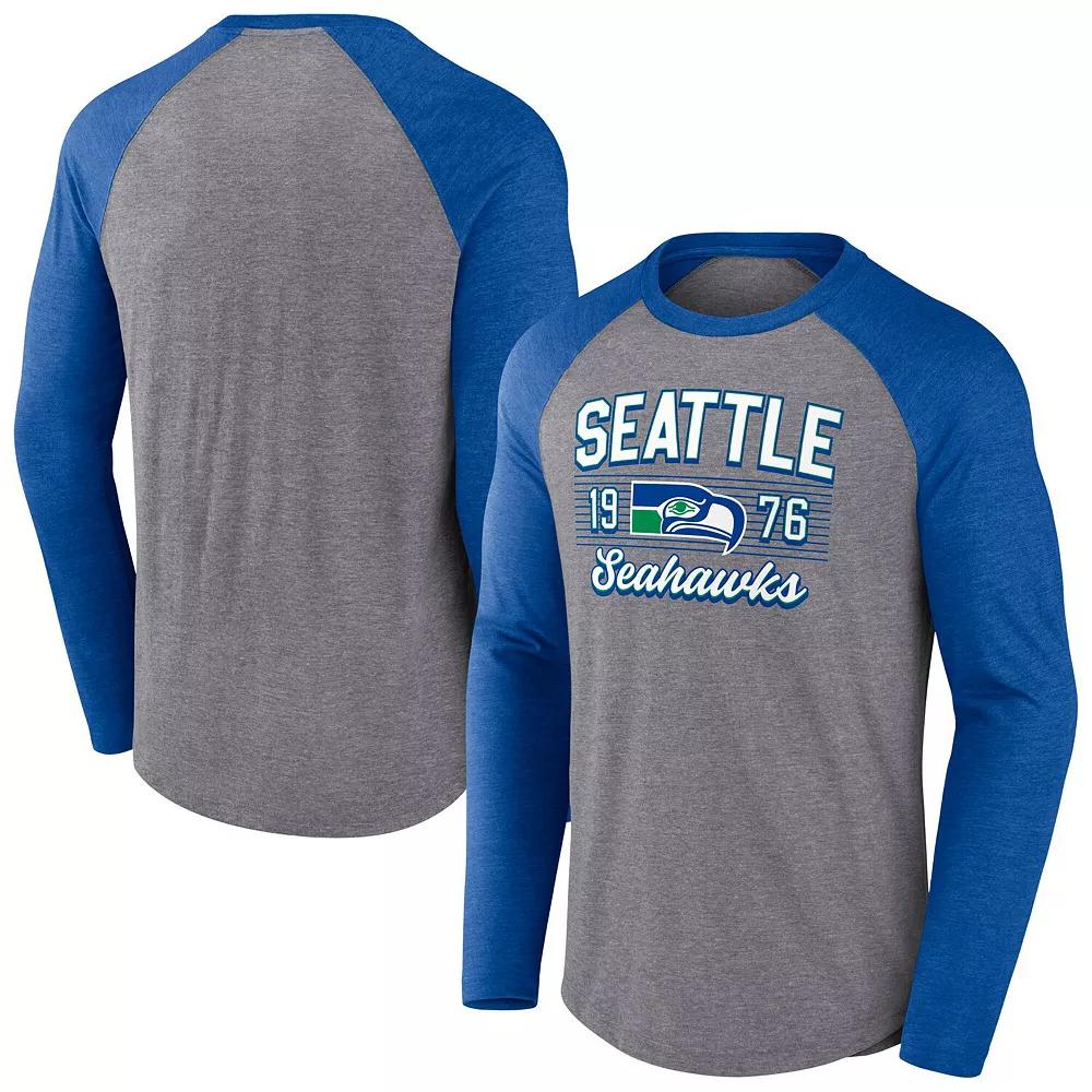 Men's Fanatics  Heather Gray Seattle Seahawks Weekend Casual Raglan Long Sleeve Tri-Blend T-Shirt, Size: 2XL, Grey Product Image