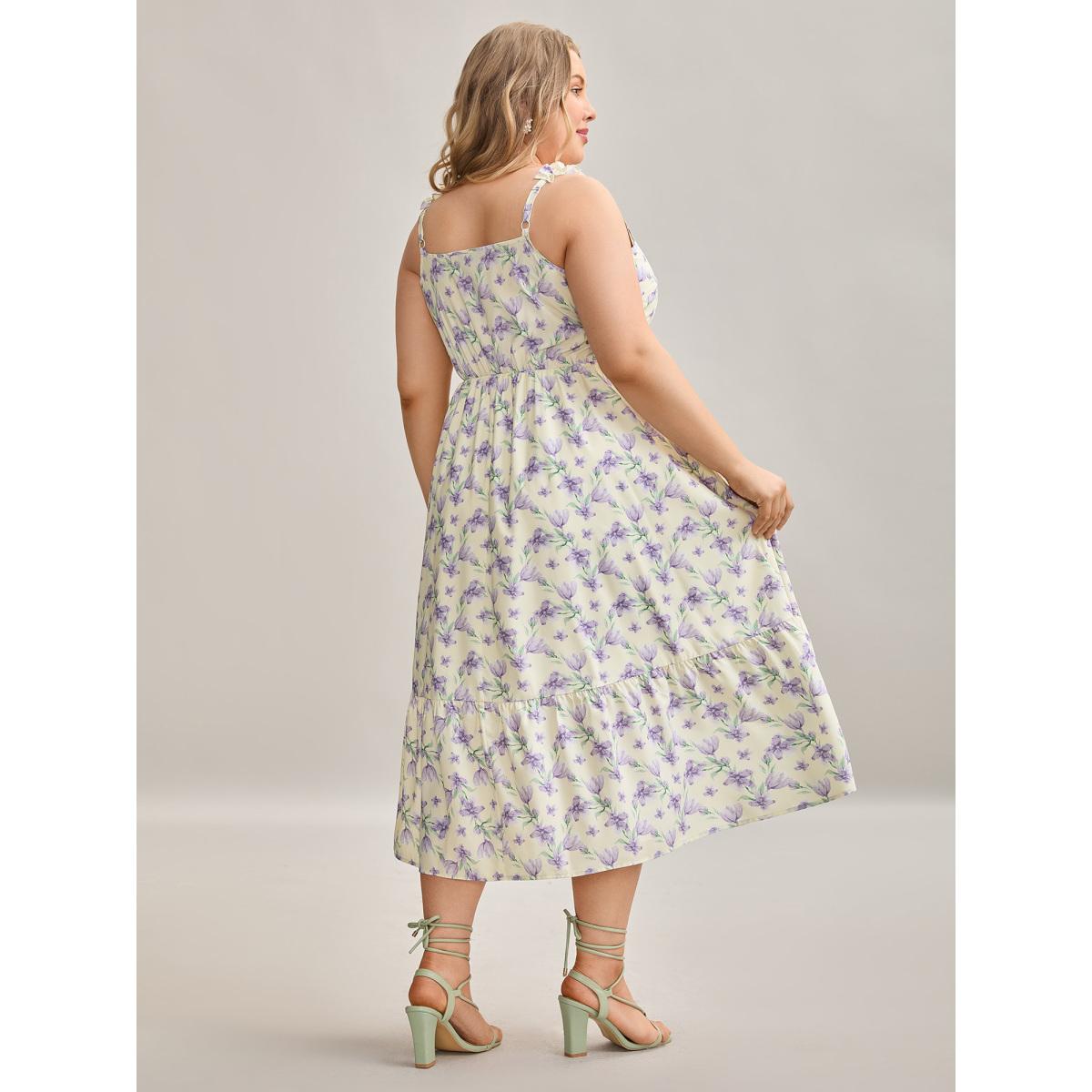 Plus Size Vine Floral Pockets Stretchy Waist Midi Dress Lightyellow Women Elegant Gathered V-neck Sleeveless Curvy BloomChic 12/L Product Image