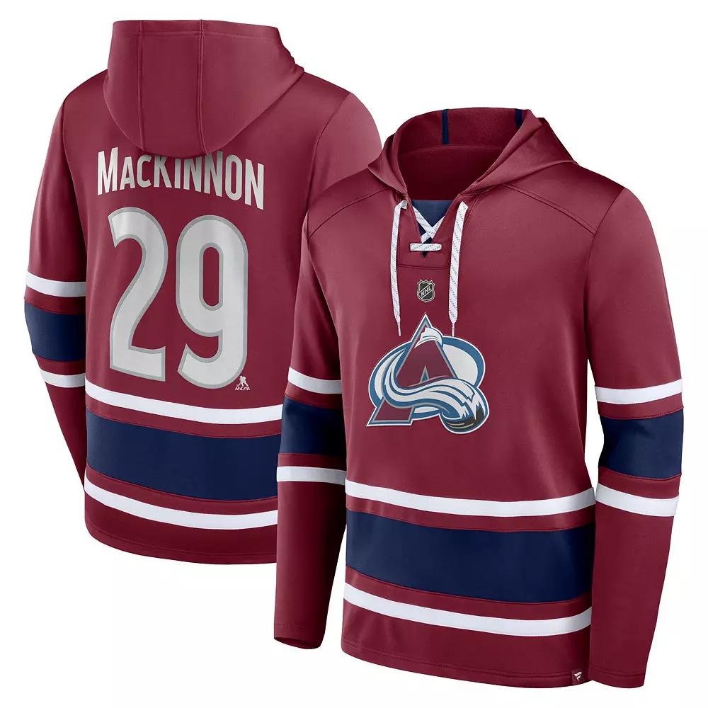 Men's Fanatics Branded Nathan MacKinnon Burgundy Colorado Avalanche Name & Number Lace-Up Pullover Hoodie,  Product Image