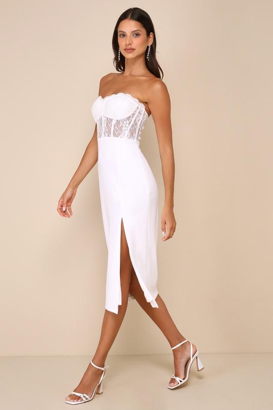 Exquisitely Sultry White Lace Strapless Bustier Midi Dress Product Image