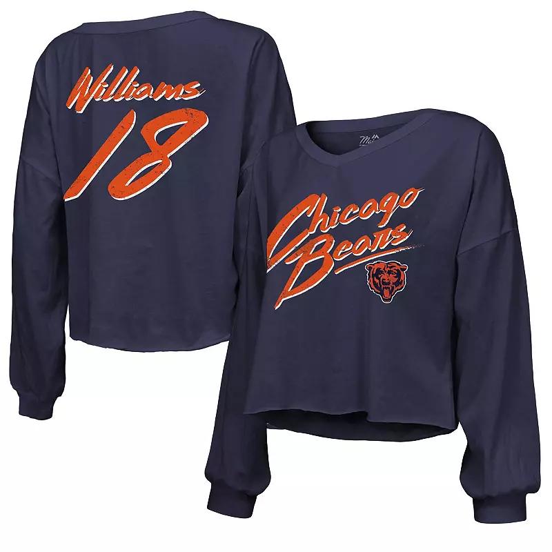 Women's Majestic Threads Caleb Williams Navy Chicago Bears Name & Number Off-Shoulder Script Cropped Long Sleeve V-Neck T-Shirt,  Product Image