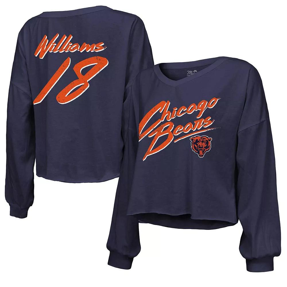 Women's Majestic Threads Caleb Williams Navy Chicago Bears Name & Number Off-Shoulder Script Cropped Long Sleeve V-Neck T-Shirt,  Product Image