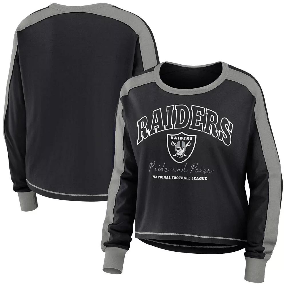 Women's WEAR by Erin Andrews Black/Silver Las Vegas Raiders Color Block Long Sleeve T-Shirt,  Product Image
