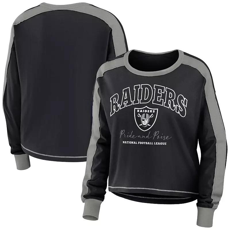 Women's WEAR by Erin Andrews Black/Silver Las Vegas Raiders Color Block Long Sleeve T-Shirt,  Product Image