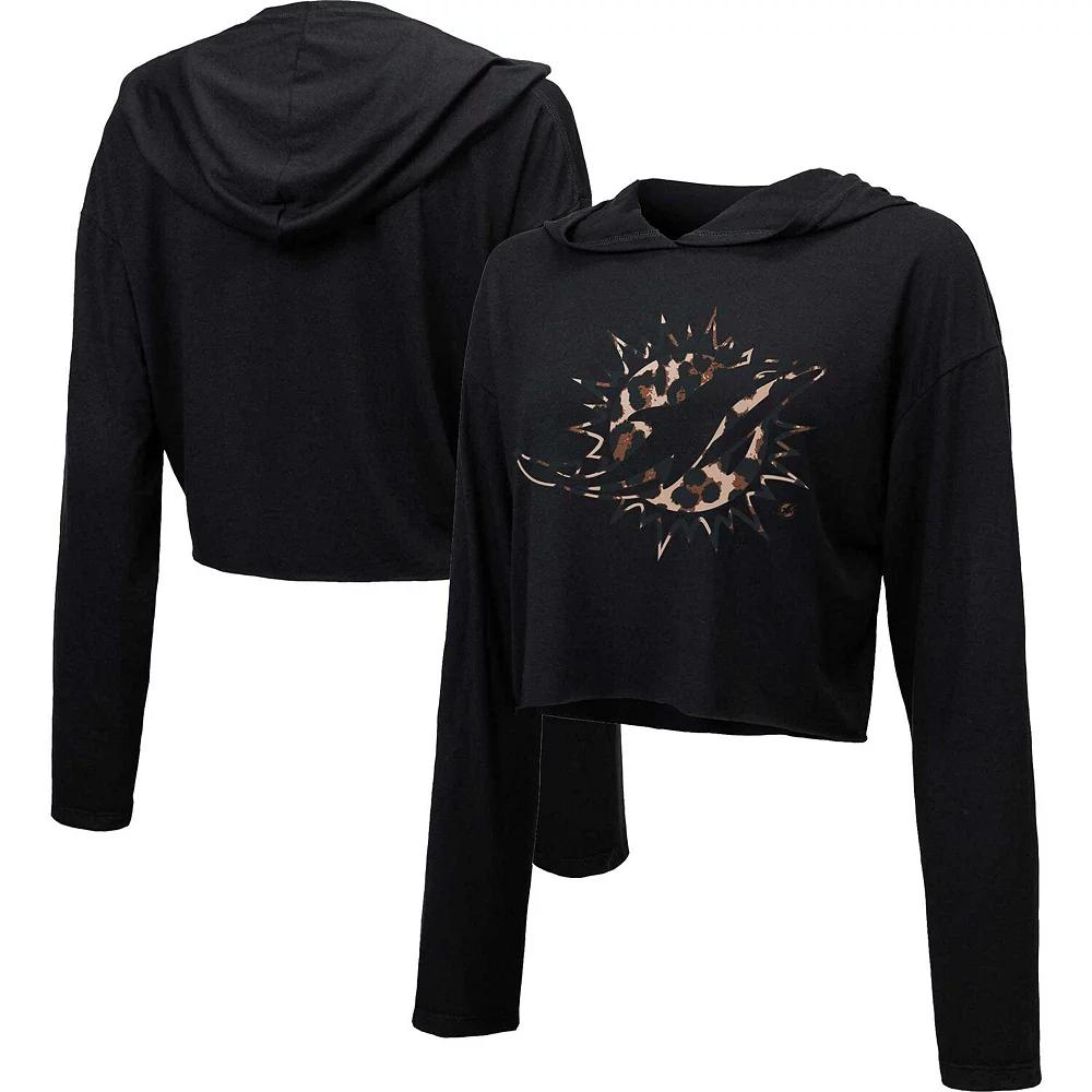 Women's Majestic Threads Black Miami Dolphins Leopard Cropped Pullover Hoodie,  Product Image