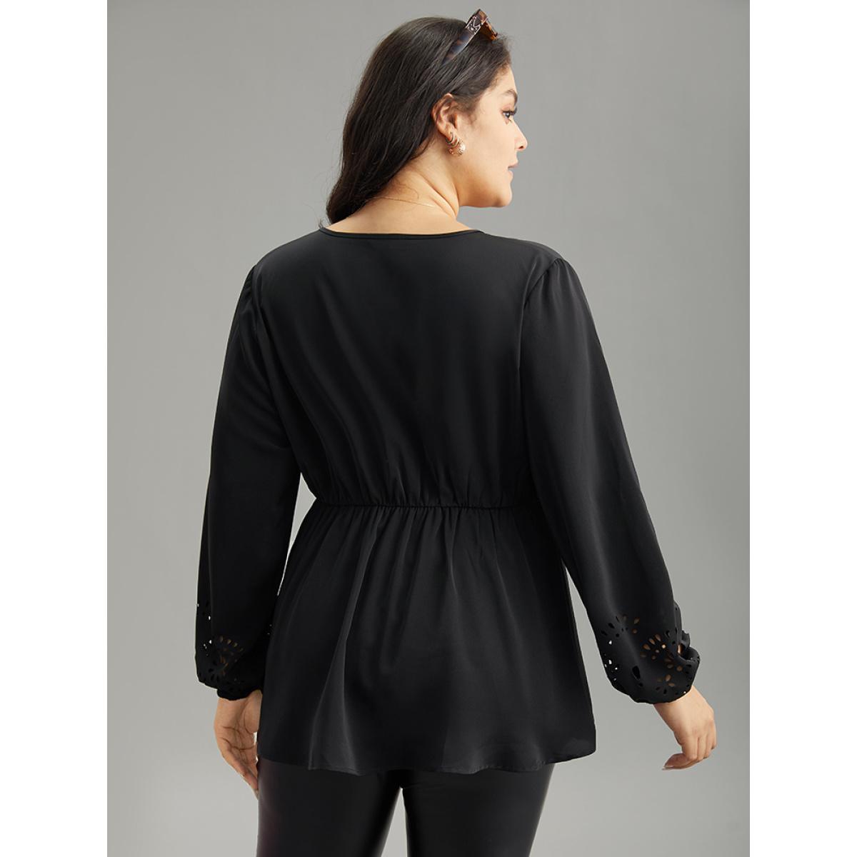 Plus Size Black Plain Elastic Waist Buckle Detail Wrap Blouse Women Office Long Sleeve V-neck Office Blouses BloomChic 14-16/1X Product Image