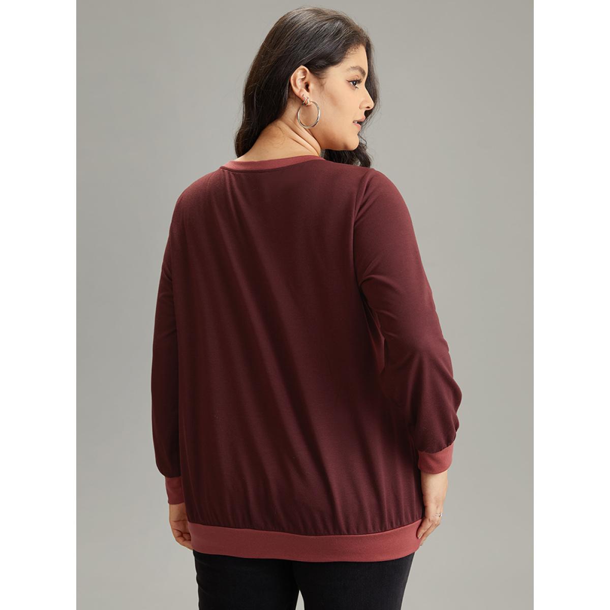 Plus Size Contrast Patchwork Stitch Detail Elastic Cuffs Sweatshirt Women Maroon Casual Plain Round Neck Dailywear Sweatshirts BloomChic 10/M Product Image