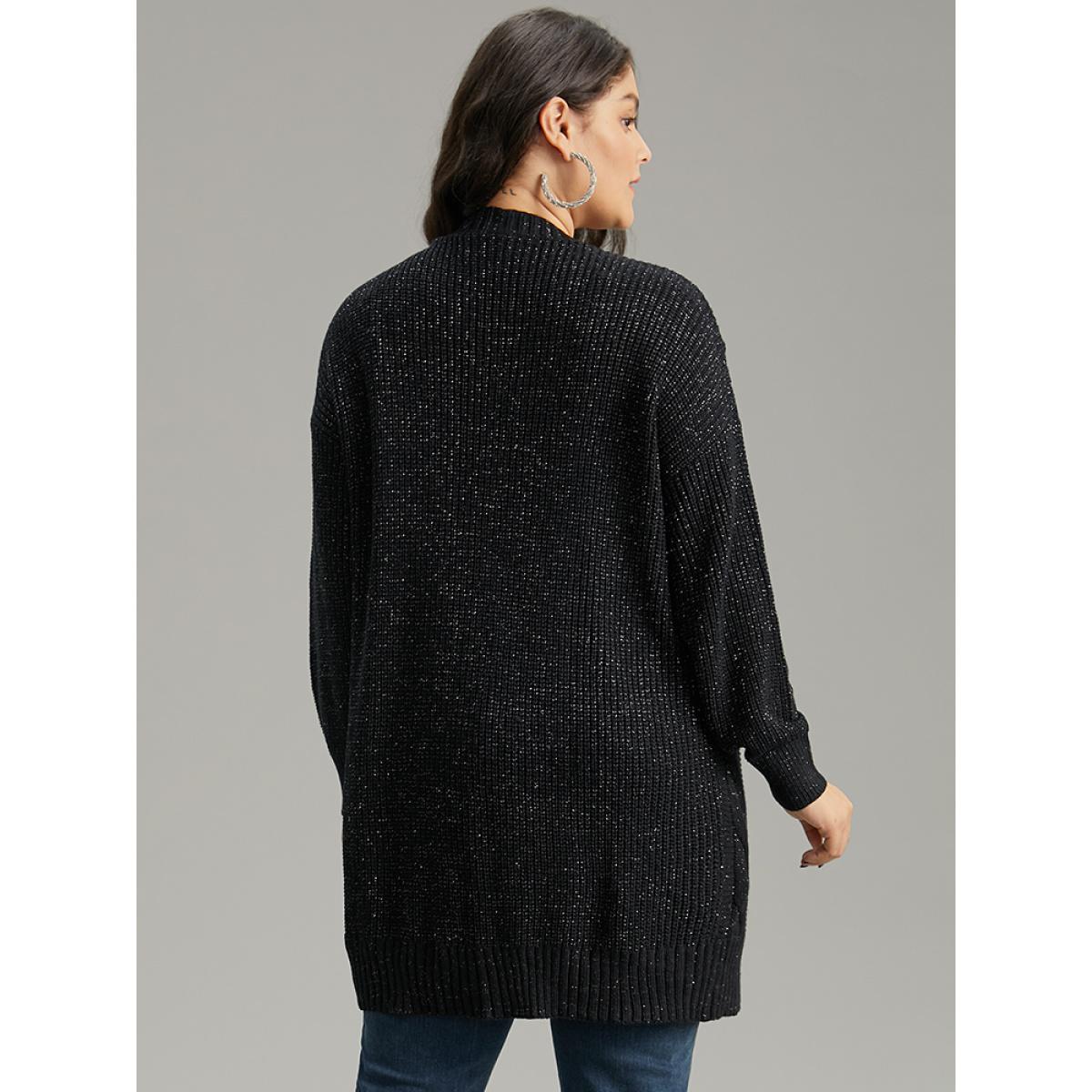 Plus Size Lurex Cable Knit Drop Shoulder Cardigan Black Women Casual Loose Long Sleeve Dailywear Cardigans BloomChic 30/6X Product Image