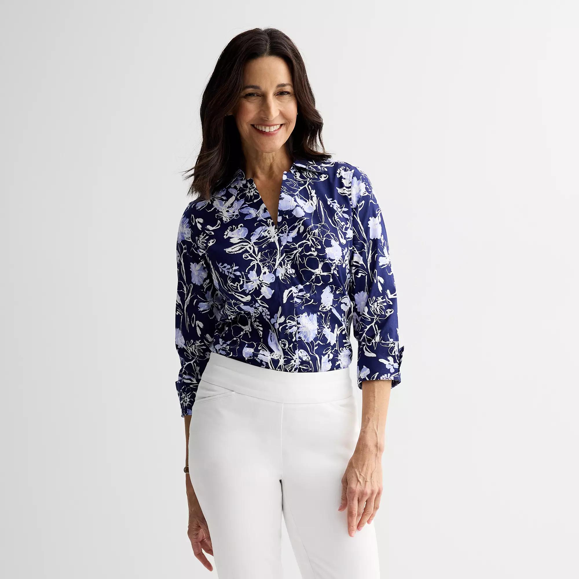 Petite Croft & Barrow® Tailored Shirt, Women's, Size: Large Petite, Rich Blue Floral Product Image