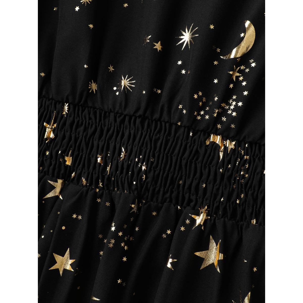 Plus Size Shimmery Starry Neck Cut-Out Midi Dress Black Women Party&Cocktail Pleated Round Neck Elbow-length sleeve Curvy BloomChic 12/L Product Image