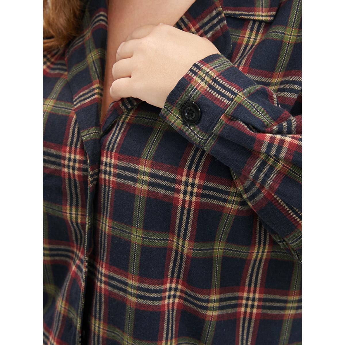 Plus Size Plaid Pocket Button Through Pajama Set Women DarkBlue Plaid Button Long Sleeve Shirt collar Casual Loungewear Sets BloomChic 10/M Product Image