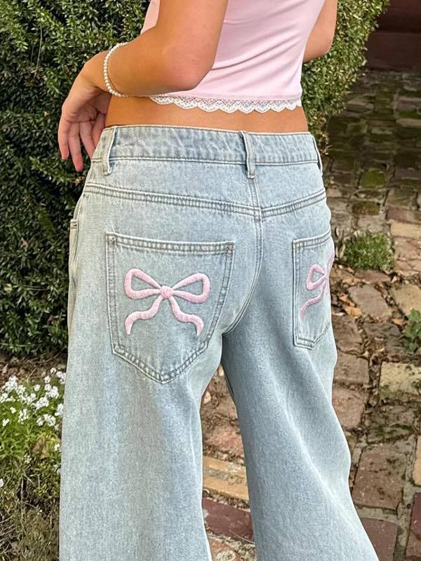 Pink Bow With Embroidered Back Pocket Boyfriend Jeans Product Image