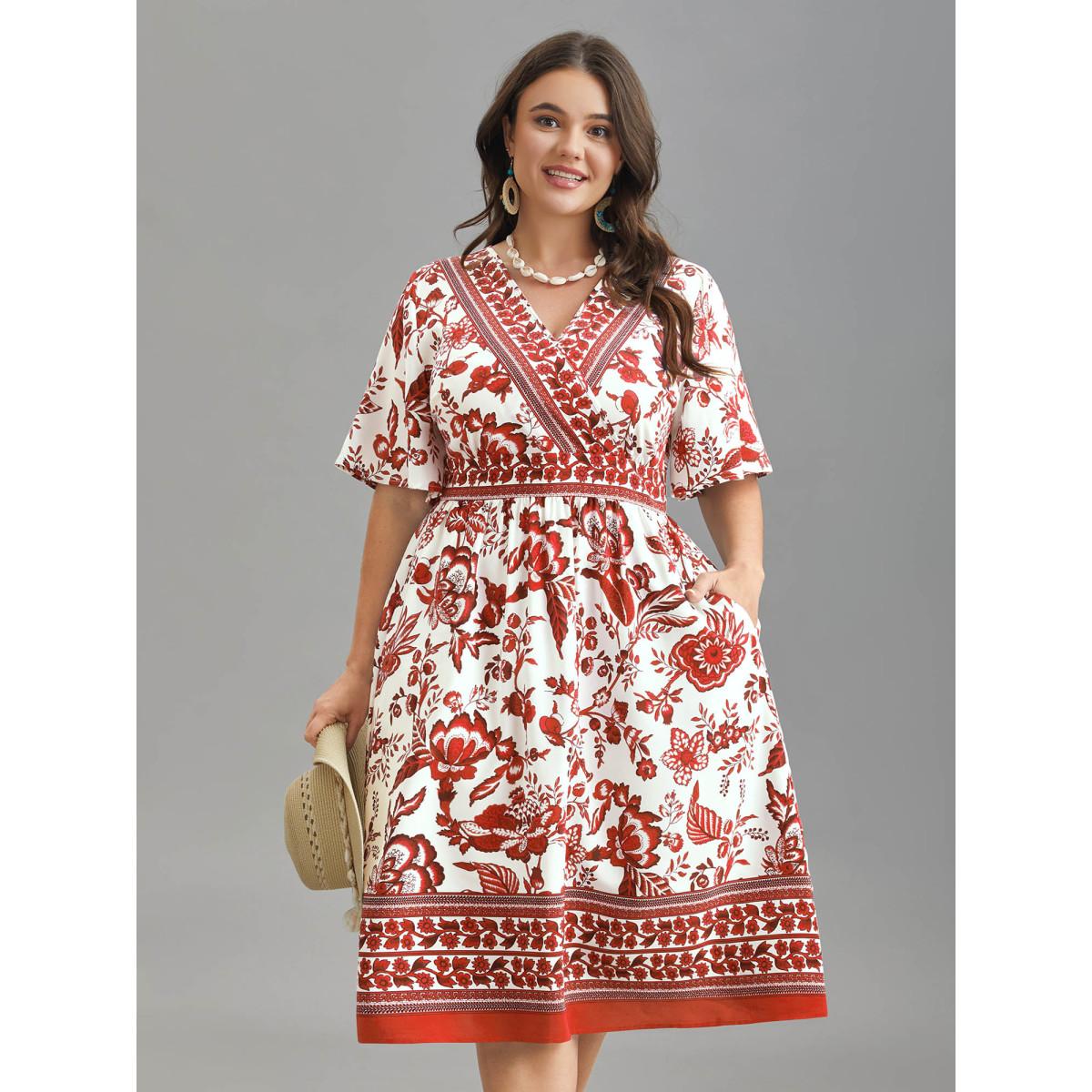 Plus Size Floral Print Wrap-Neck Pocket Midi Dress Rust Women Resort Non Overlap Collar Short sleeve Curvy BloomChic 30/6X Product Image