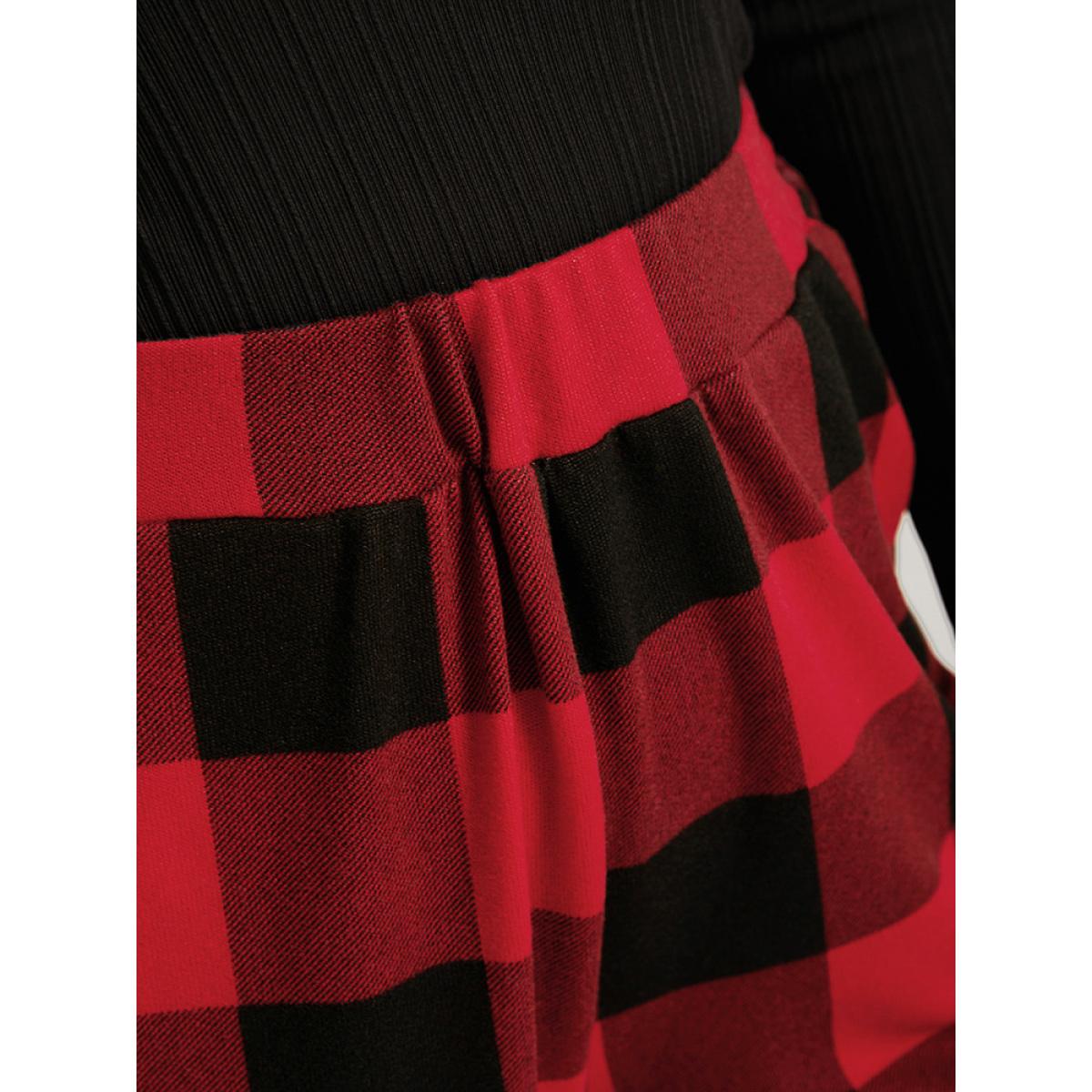 Plus Size Plaid Pocket Elastic Waist Wide Leg Pants Women Red Casual Mid Rise Dailywear Pants BloomChic 10/M Product Image