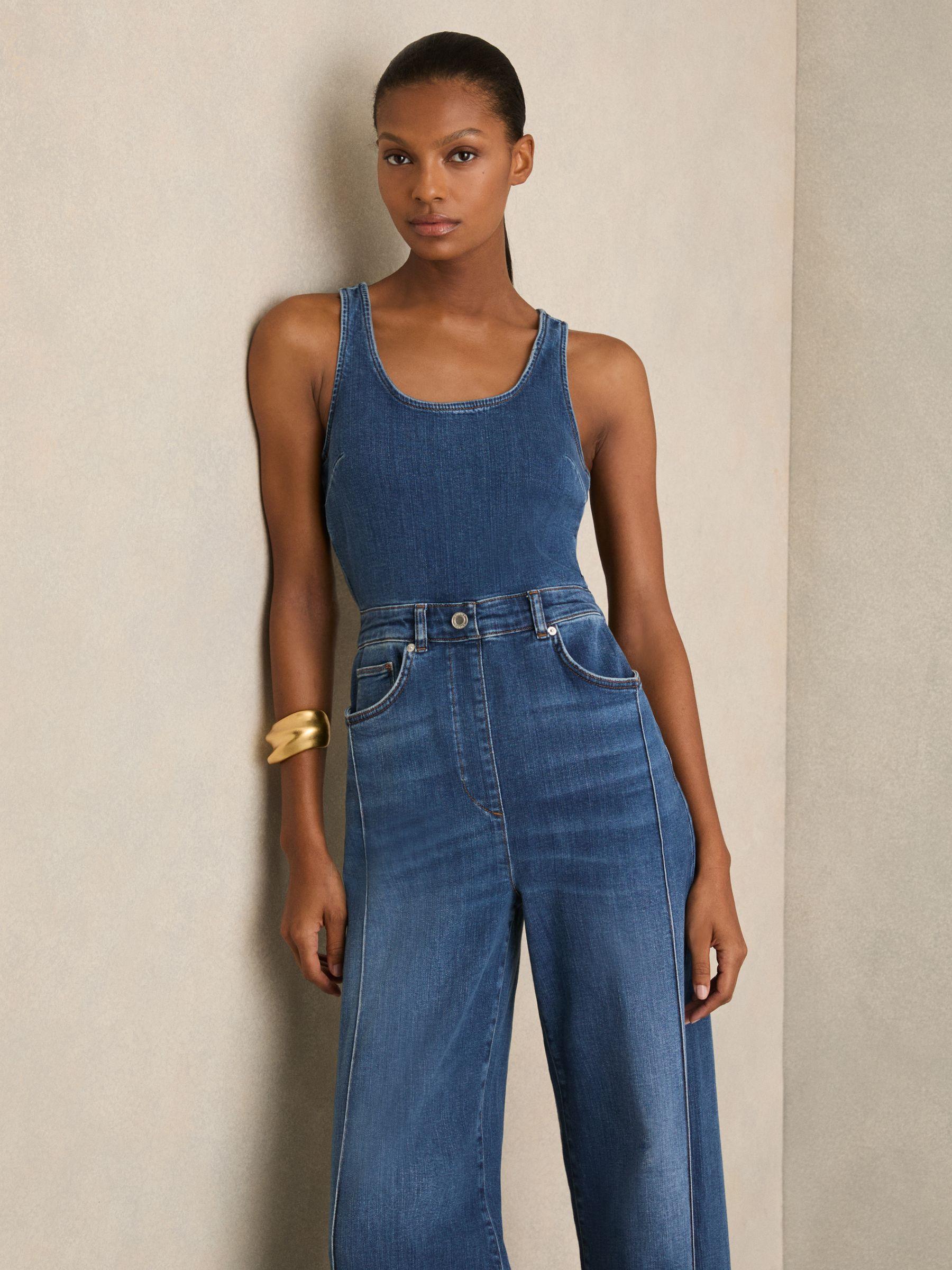 Wide-Leg Racer-Back Denim Jumpsuit in Indigo Product Image