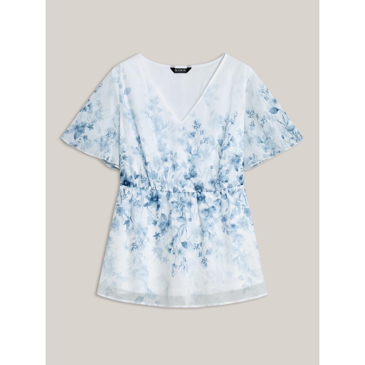 Plus Size Ivory Floral Print Waist-Tie Flared Shirt Women Short sleeve V-neck Everyday-Elegant Blouses BloomChic 12/L Product Image