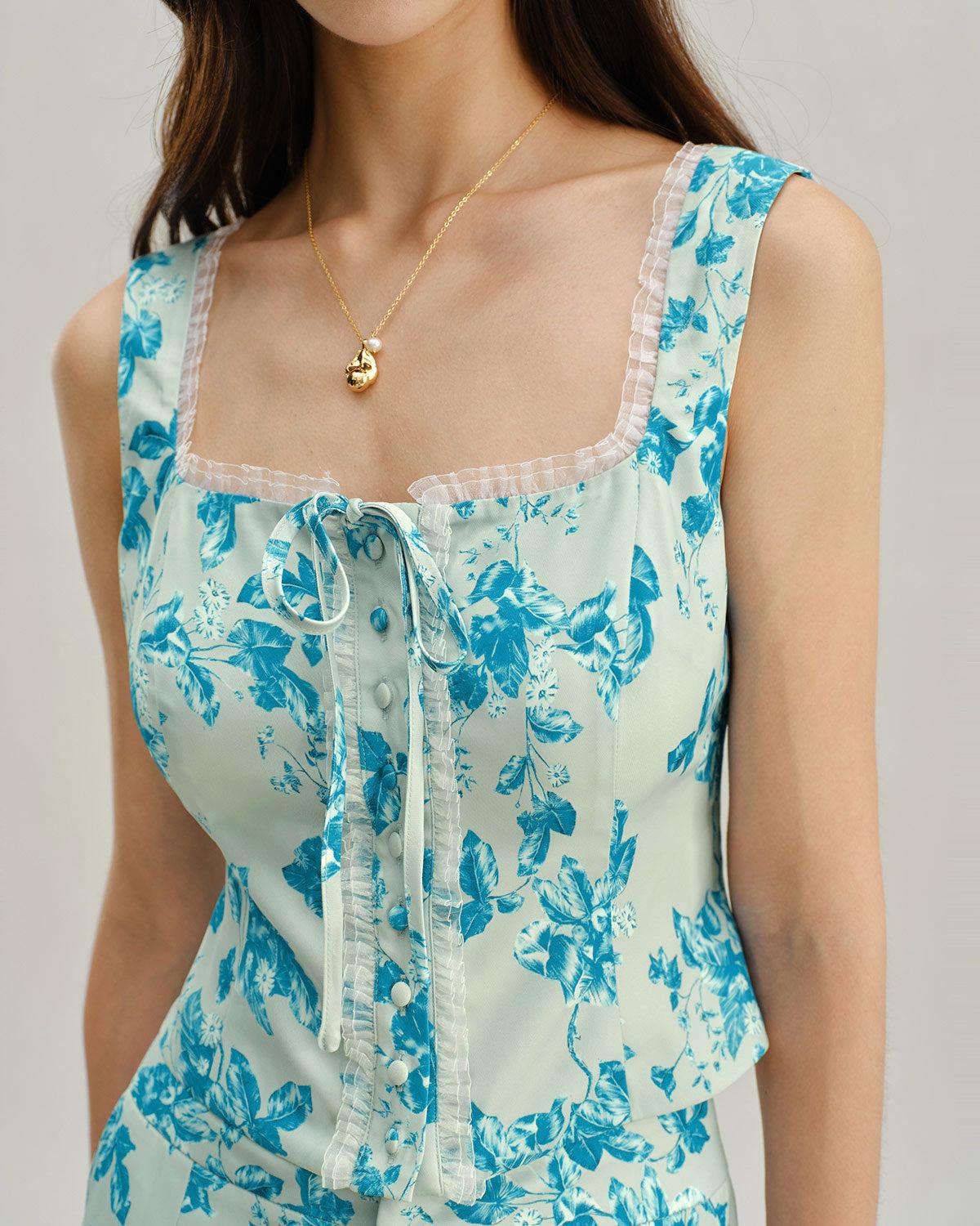 Blue Floral Square Tank Top Product Image