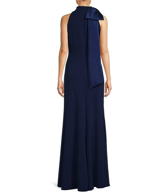 Tadashi Shoji Crepe Halter Mock Neck Taffeta Bow Sleeveless Gown Product Image