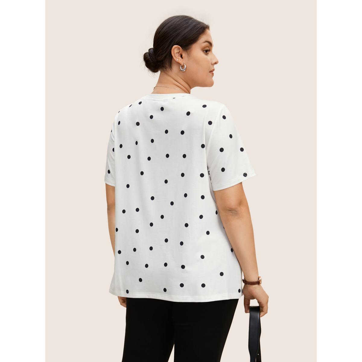 Plus Size Round Neck Polka Dot Contrast T-shirt Originalwhite Women At the Office Contrast Round Neck Work T-shirts BloomChic 10/M Product Image