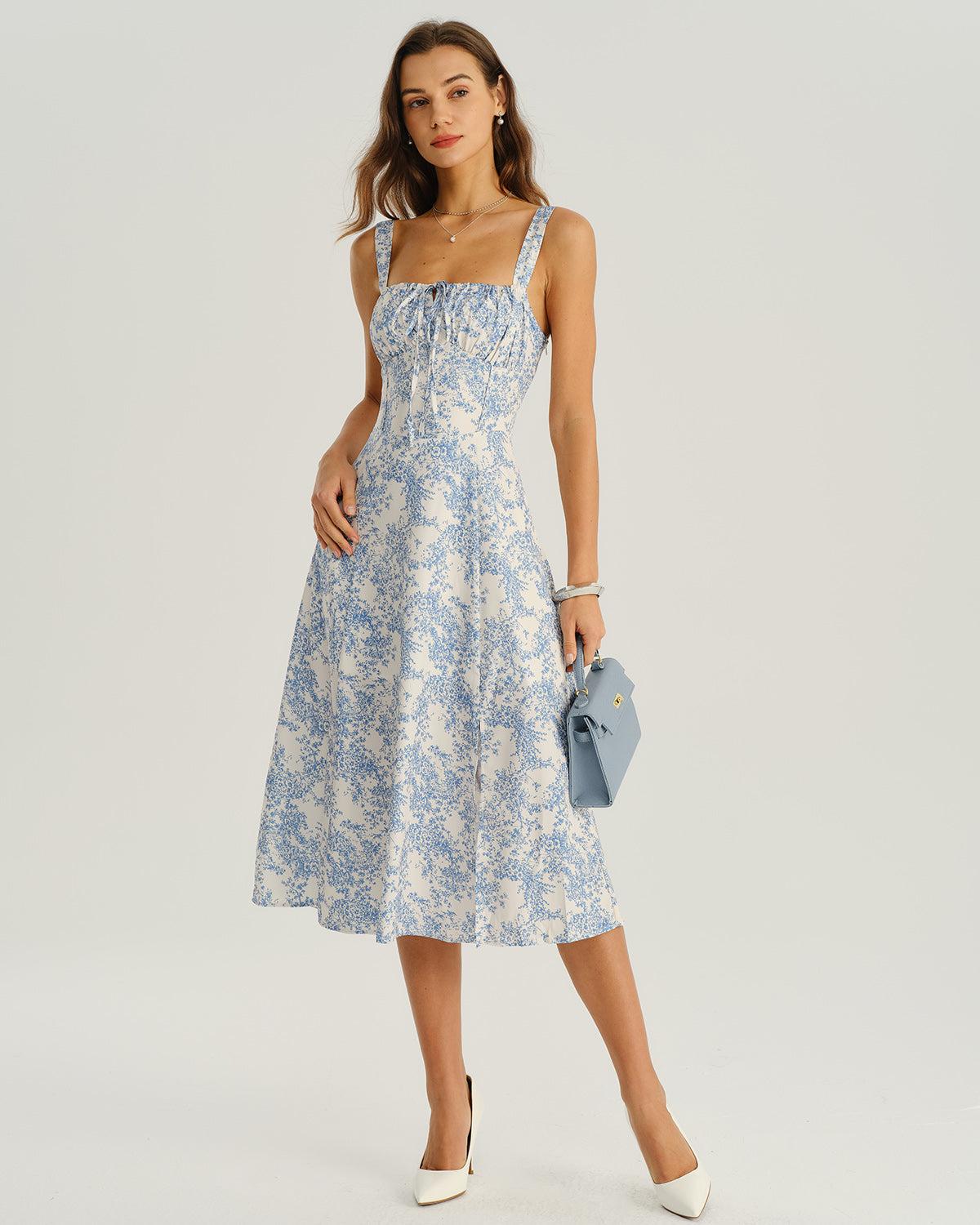 Blue Floral Ruched Slip Midi Dress Product Image