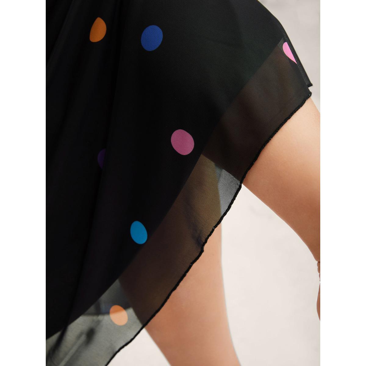 Plus Size Super Stretchy Polka Dot Pockets Midi Dress BlackFlower Women V-neck Short sleeve Curvy BloomChic 22-24/3X Product Image