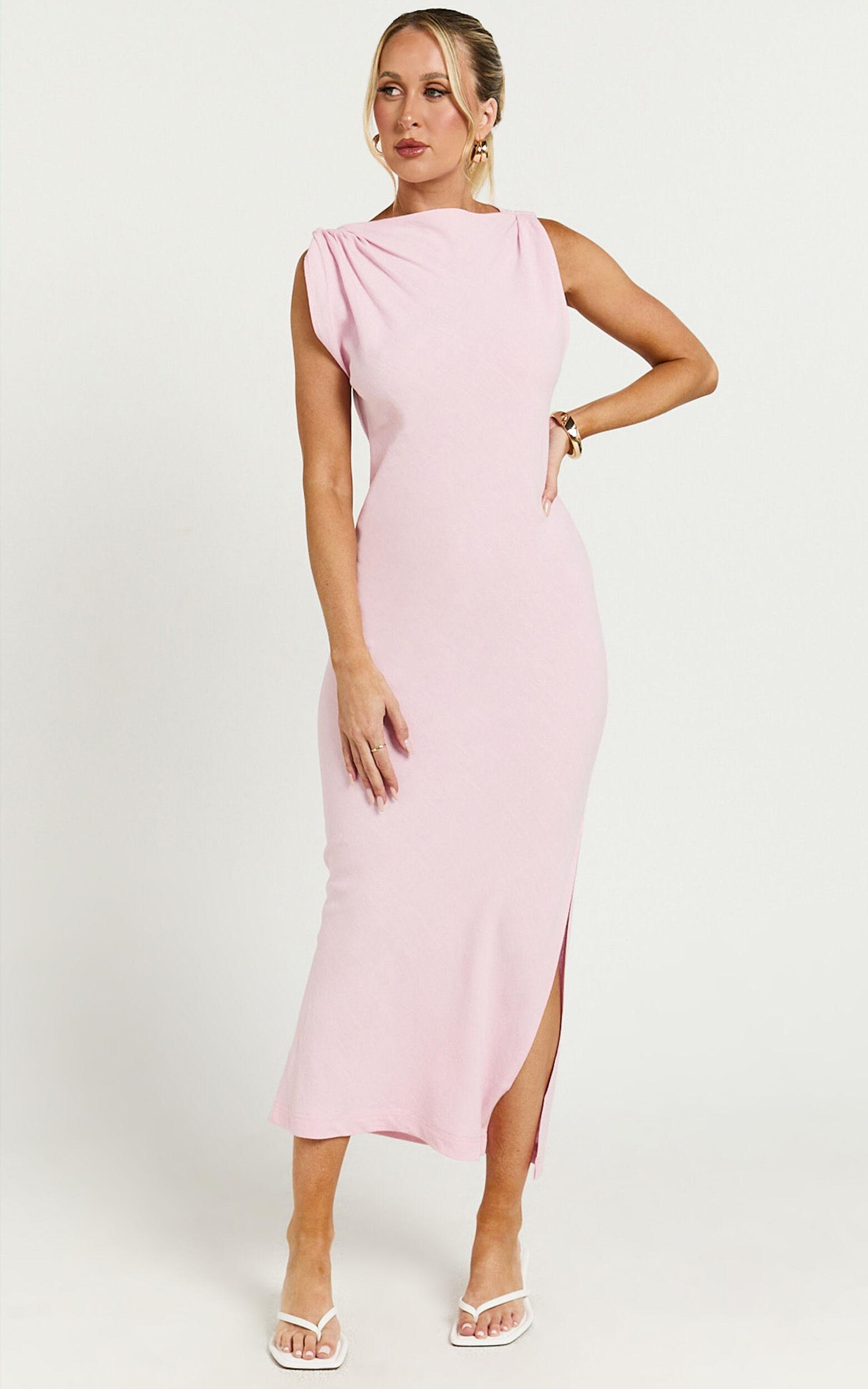 Jessenia Midi Dress - Linen High Neck Dress in Soft Pink Product Image