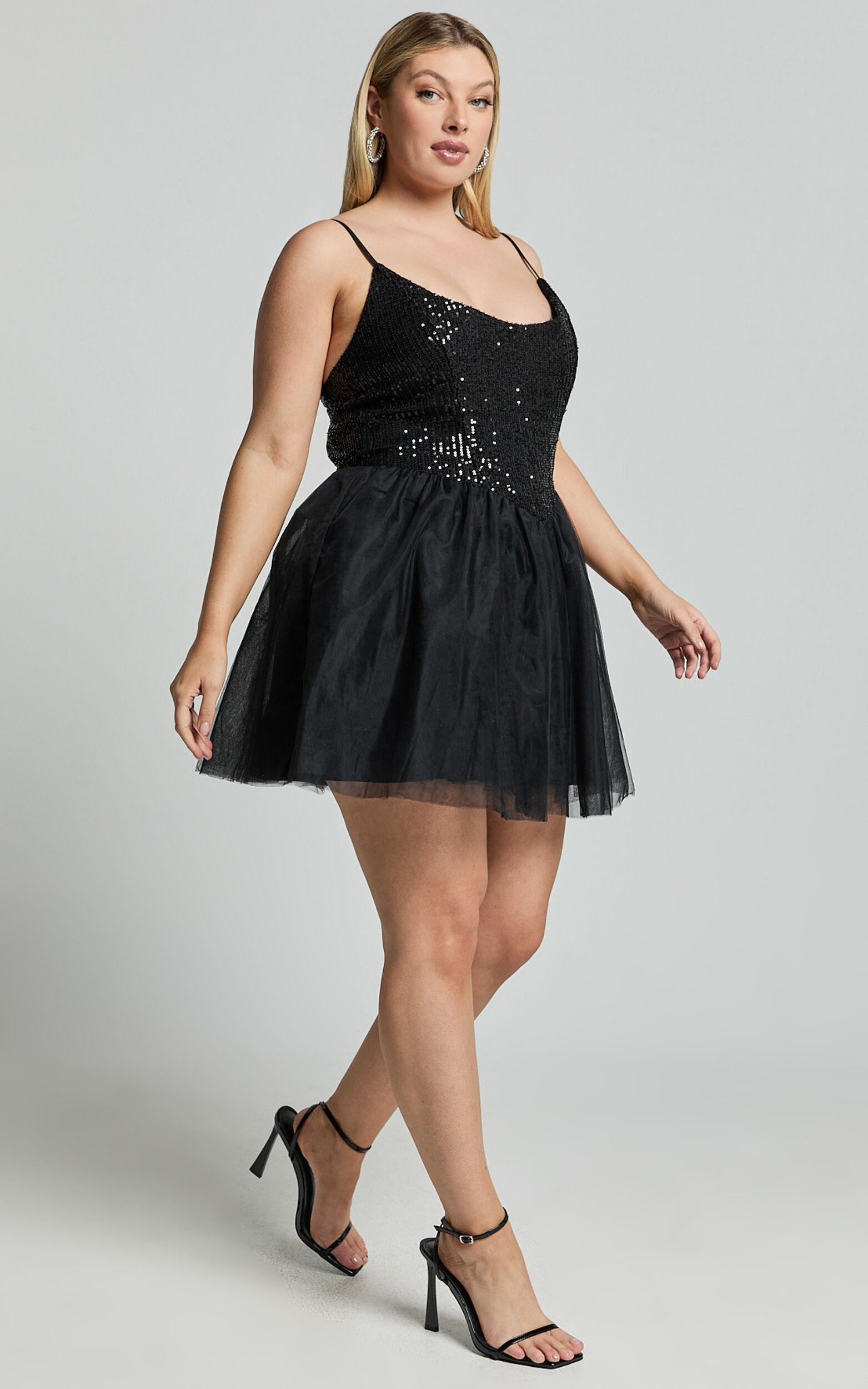 Violette Mini Dress - Sequin Corset Tulle Skirt Dress in Black Product Image