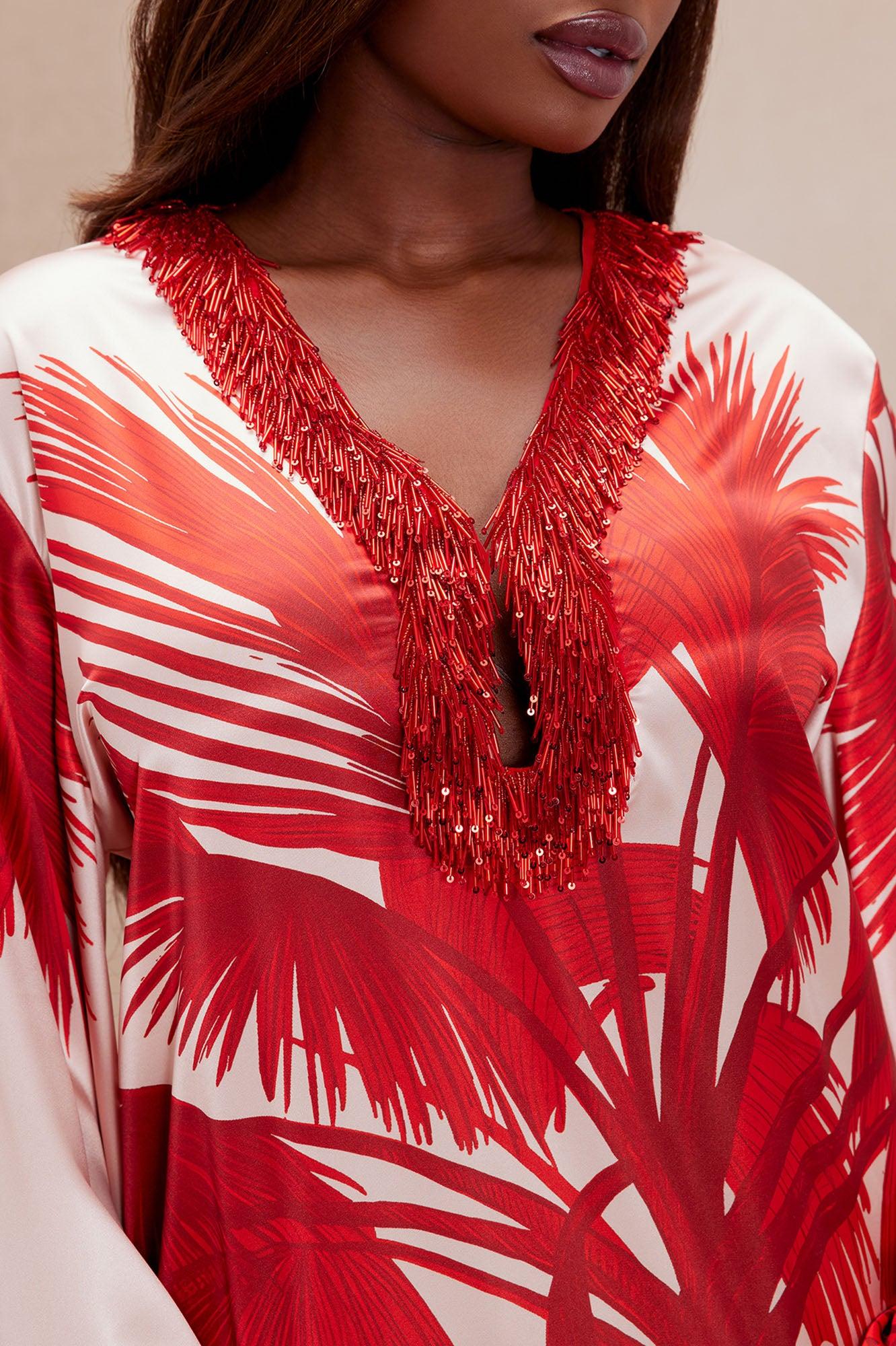 Selena Satin Kaftan Maxi Dress - Red/combo Product Image