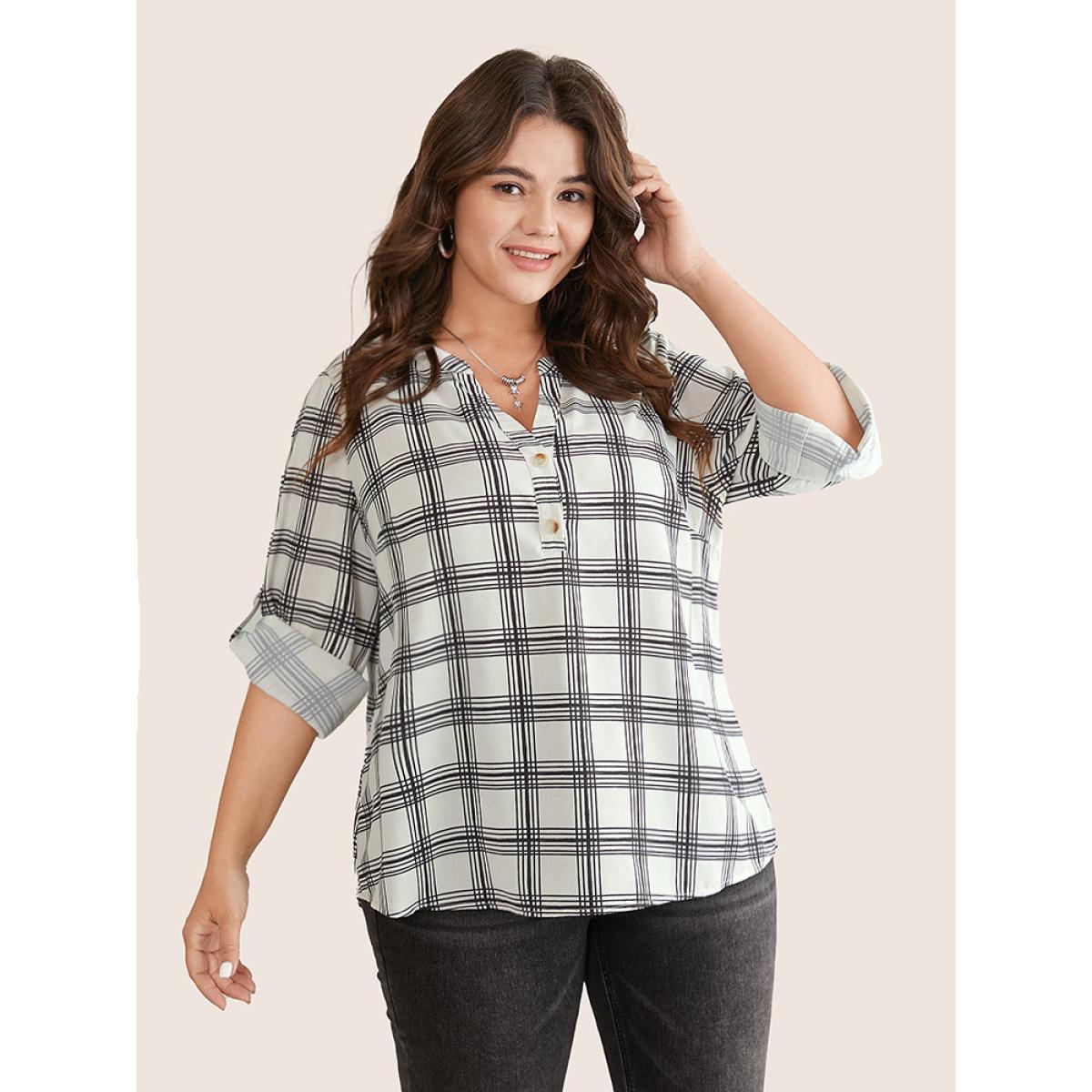 Plus Size Black Plaid Tab Sleeve Button Up Notched Blouse Women Office Long Sleeve Notched collar Office Blouses BloomChic 30/6X Product Image