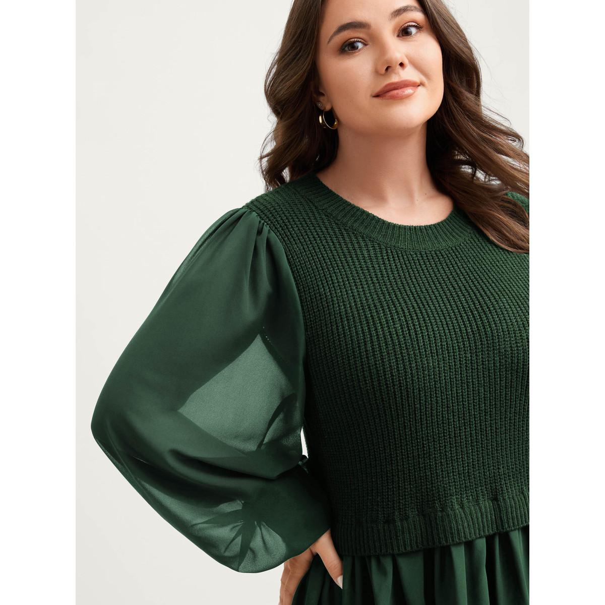 Plus Size Balloon Sleeve Solid Twofer Sweater DarkGreen Women Romantic Bodycon Long Sleeve Round Neck Elegant Pullovers BloomChic 26/4X Product Image