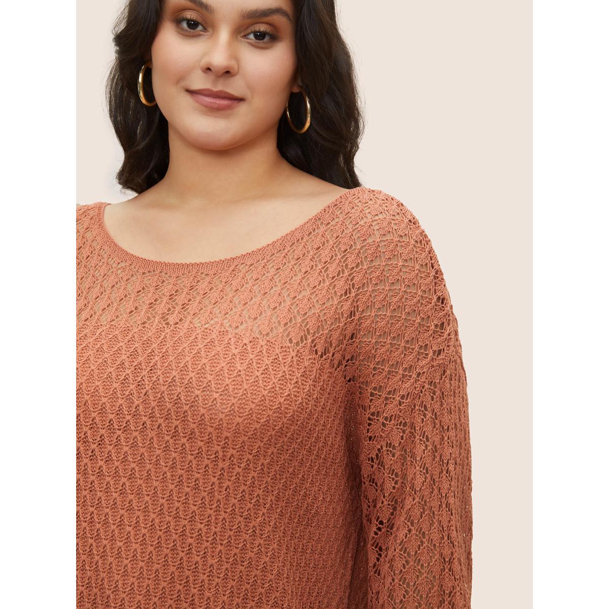 Plus Size Texture Plain Cut Out Pullover Coral Women Casual Long Sleeve Round Neck Everyday Pullovers BloomChic 10/M Product Image