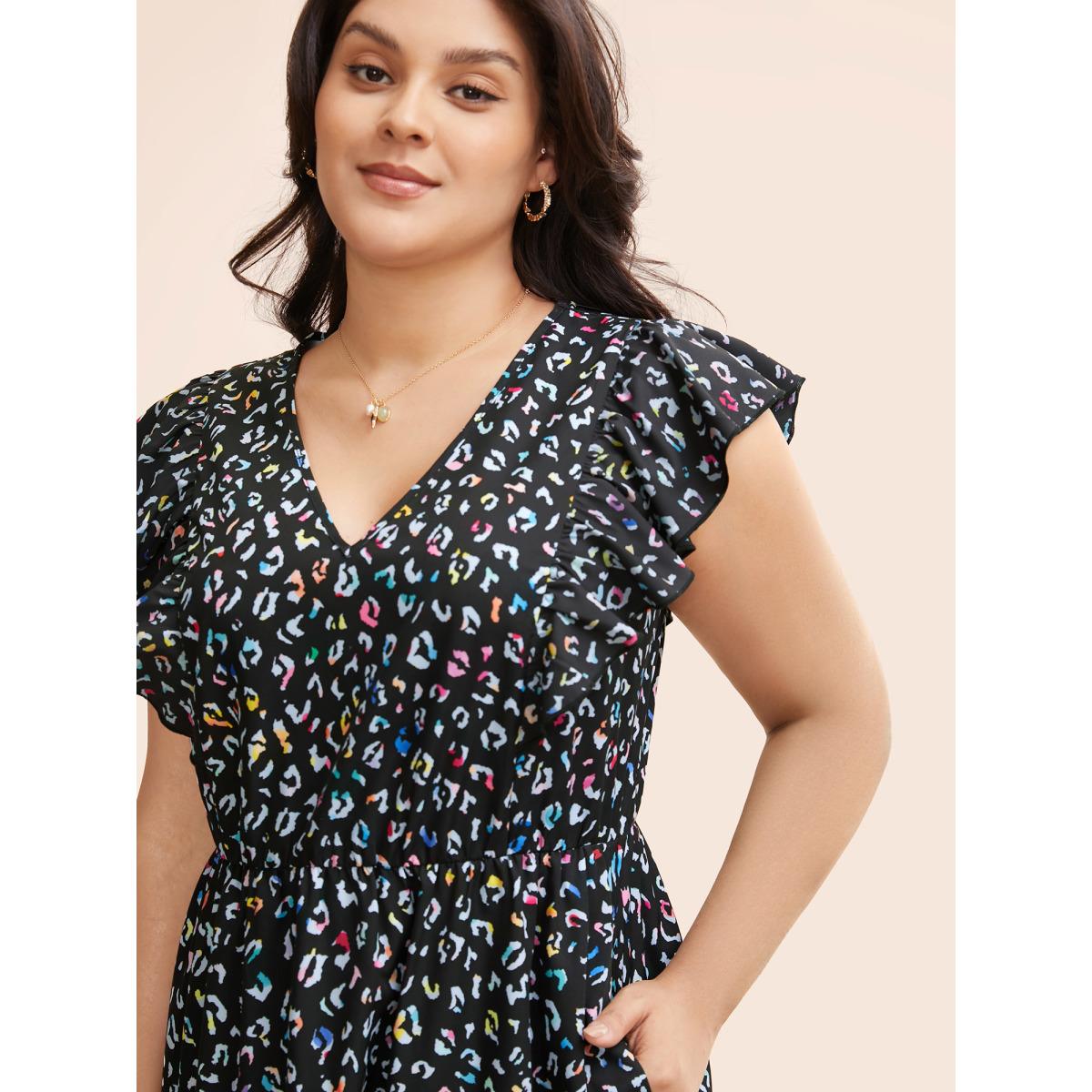 Plus Size Multi-color Leopard Print Elastic Waist Midi Dress Black Women Elegant Ruffles V-neck Cap Sleeve Curvy BloomChic 22-24/3X Product Image