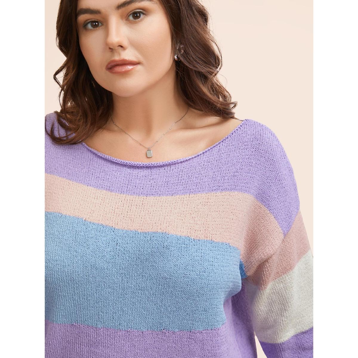 Plus Size Colorblock Contrast Boat Neck Drop Shoulder Pullover Multicolor Women Casual Long Sleeve Boat Neck Everyday Pullovers BloomChic 12/L Product Image