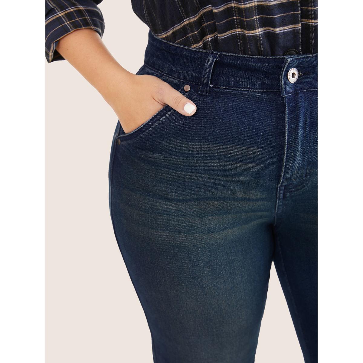 Plus Size Dark Wash Bootcut Slant Pocket Jeans Women Indigo Casual Plain Plain High stretch Pocket Jeans BloomChic 16/1X Product Image