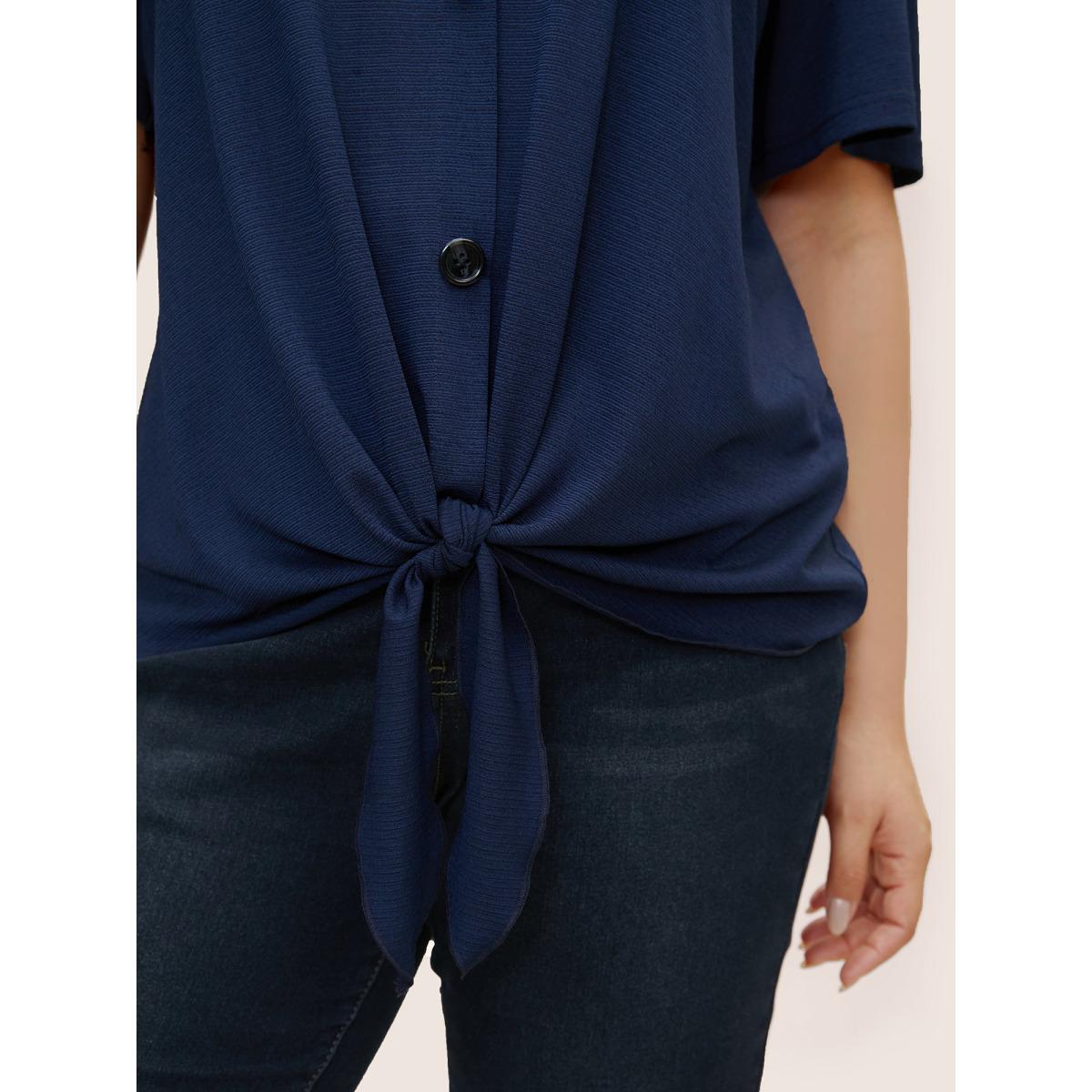 Plus Size Plain Twist Front Button Detail T-shirt Midnight Women Casual Tie knot Plain V-neck Everyday T-shirts BloomChic 10/M Product Image