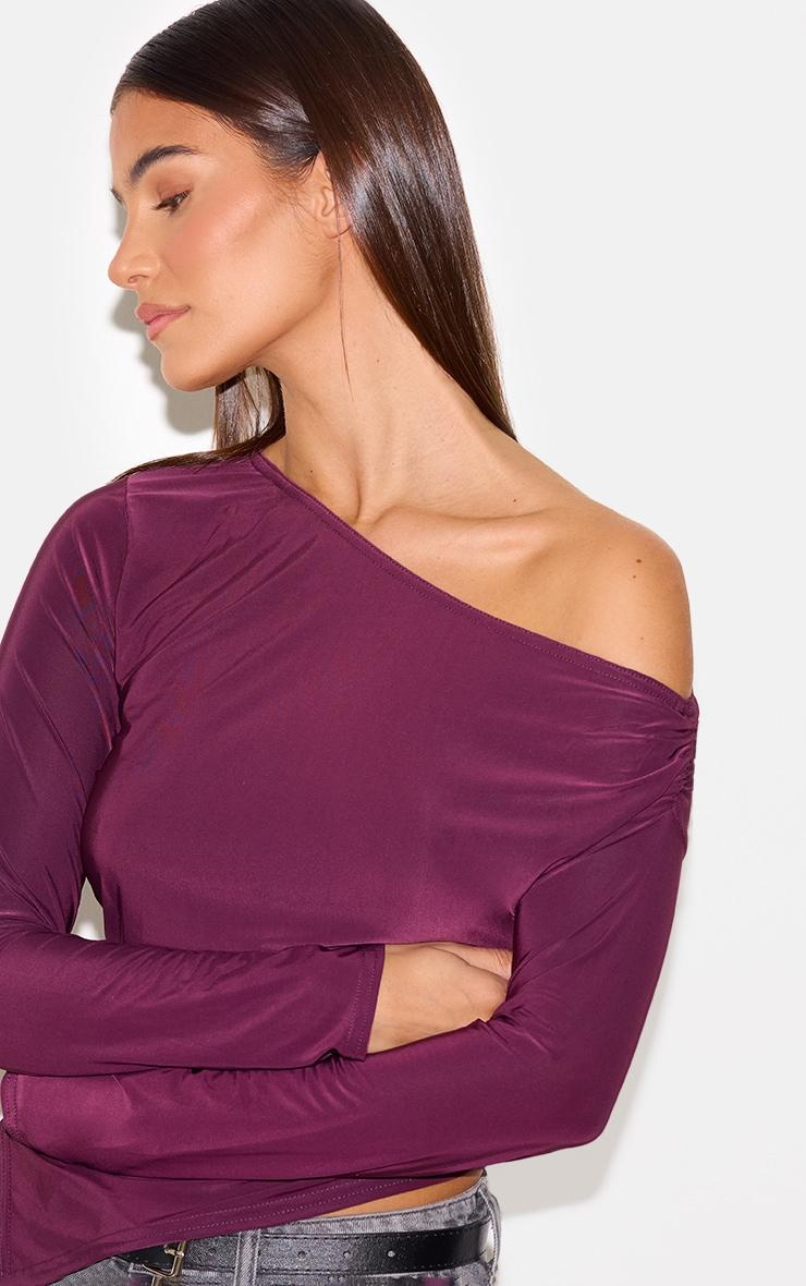 Plum Soft Touch Asymmetric Ruched Long Sleeve Top Product Image