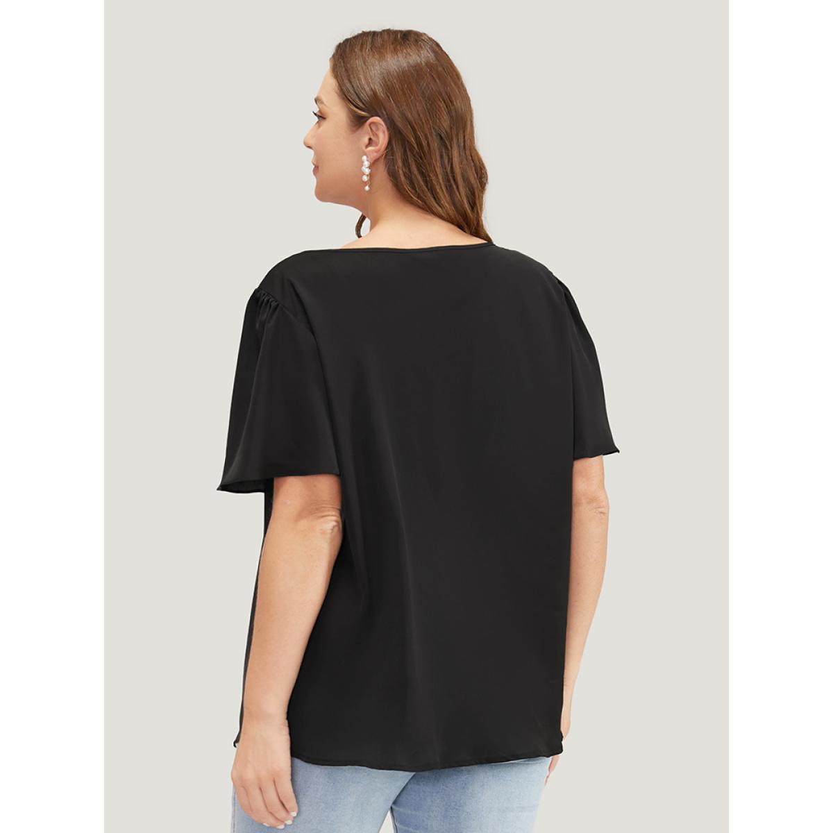 Plus Size Black Solid Crisscross Notched Square Neck Ruffle Sleeve Blouse Women Elegant Short sleeve Notched collar Dailywear Blouses BloomChic 10/M Product Image