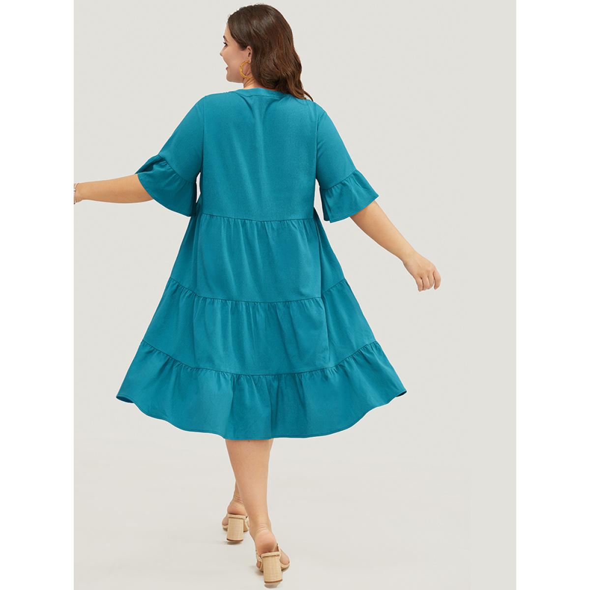 Plus Size Solid Button Detail Pocket Ruffle Tiered Bell Sleeve Midi Dress Cerulean Women Vacation Stand-up collar Half Sleeve Curvy Knee Dress BloomChic 30/6X Product Image